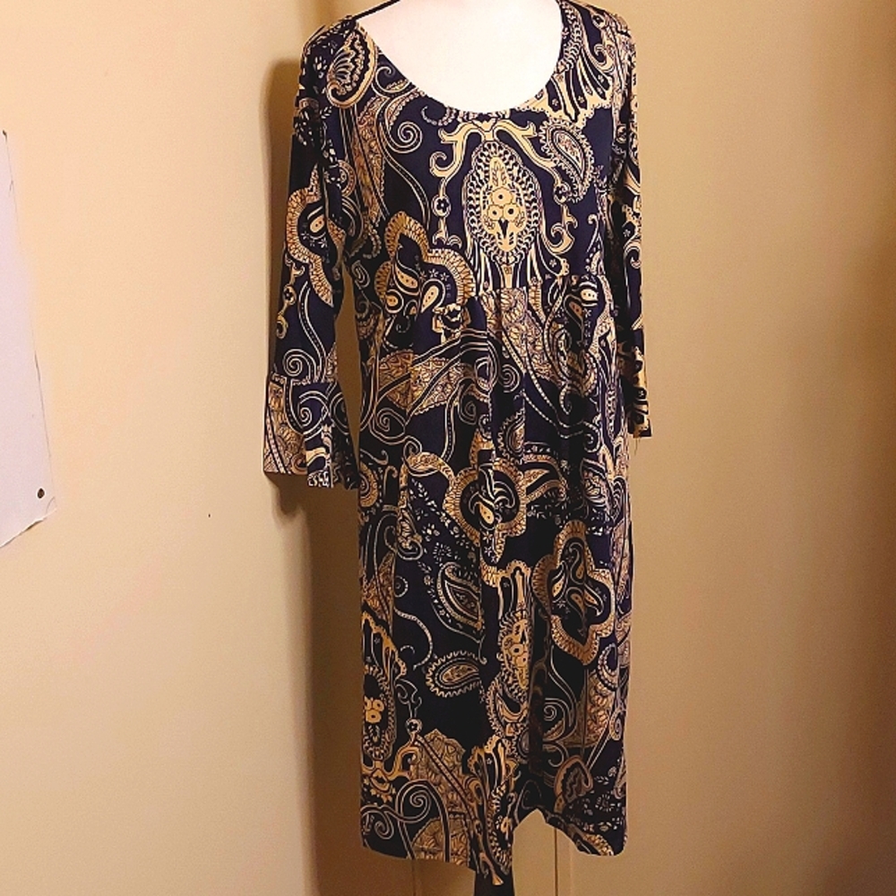 Elegant Paisley Print Dress - Navy and Cream